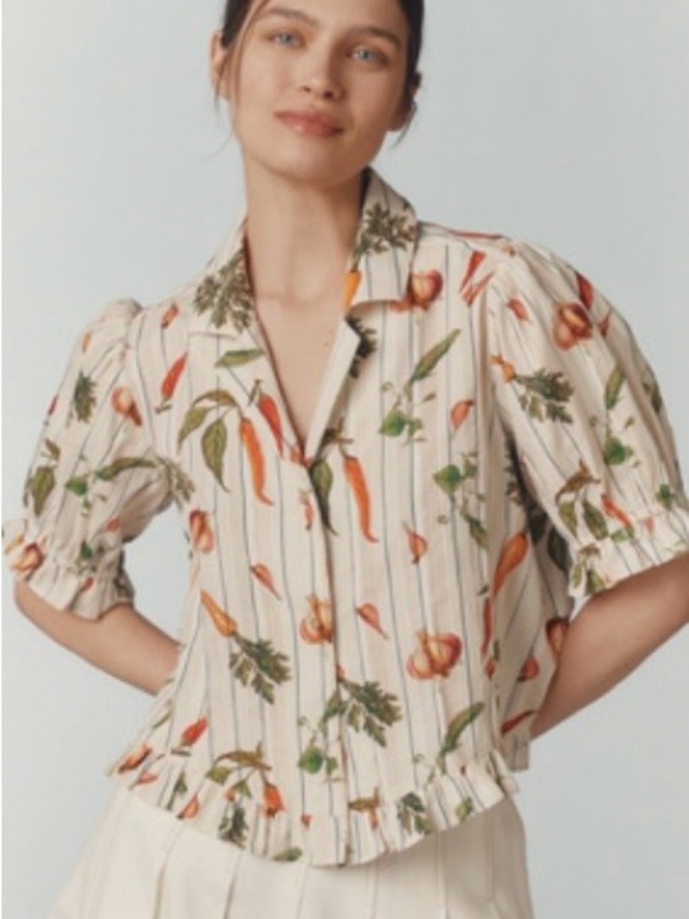 Maeve Cream Button-Up Top with Vegetable Print